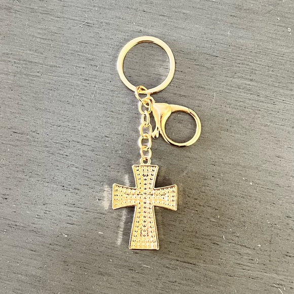 Gold Cross Allover Clear Blue Crystal Rhinestone 4" Keychain Key Ring Bag Charm - Picture 2 of 2